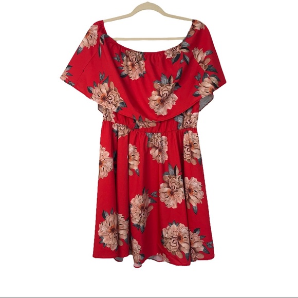 Dresses & Skirts - Women’s Off Shoulder Floral Red Print Boho Shorts Sleeve Casual- Size 2XL